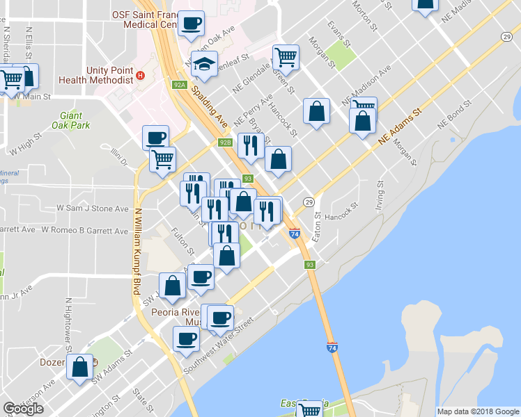 map of restaurants, bars, coffee shops, grocery stores, and more near 300 Northeast Jefferson Street in Peoria