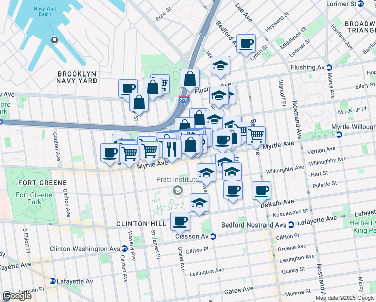 map of restaurants, bars, coffee shops, grocery stores, and more near 89 Emerson Place in Brooklyn