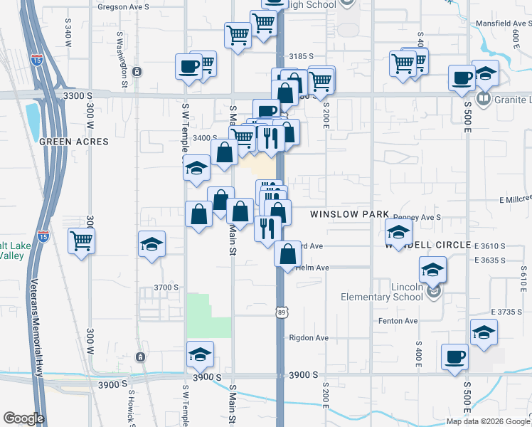 map of restaurants, bars, coffee shops, grocery stores, and more near 3540 State Street in South Salt Lake