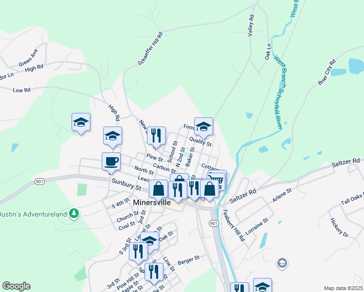 map of restaurants, bars, coffee shops, grocery stores, and more near 606 North 2nd Street in Minersville