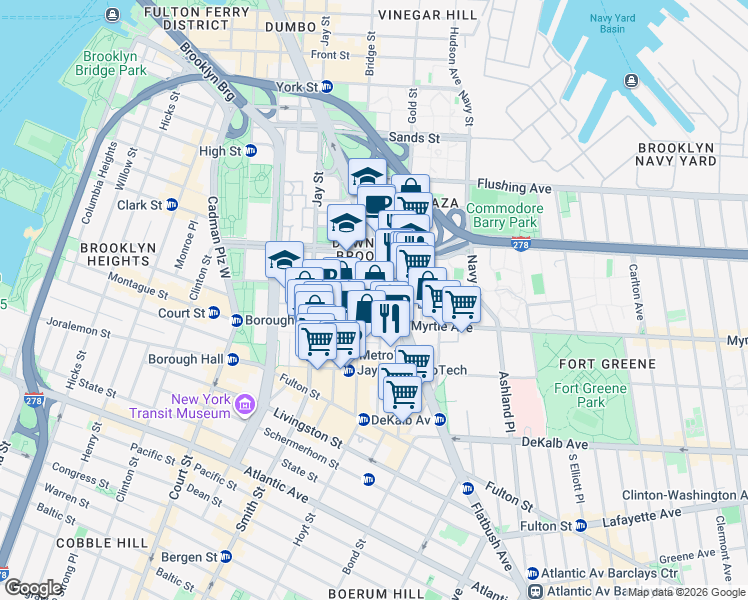 map of restaurants, bars, coffee shops, grocery stores, and more near 9 MetroTech Center in Brooklyn