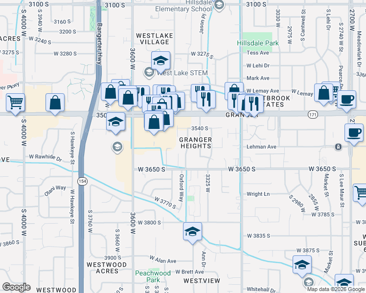 map of restaurants, bars, coffee shops, grocery stores, and more near 3567 South 3400 West in West Valley City