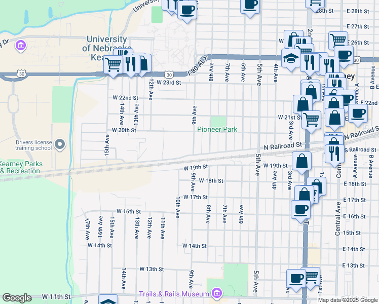 map of restaurants, bars, coffee shops, grocery stores, and more near 1998 9th Ave in Kearney