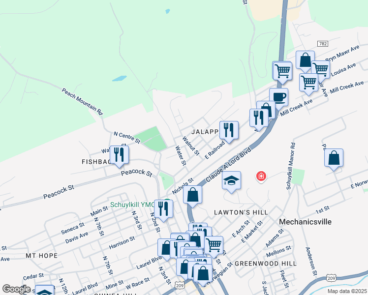 map of restaurants, bars, coffee shops, grocery stores, and more near 749 Hornung Street in Pottsville