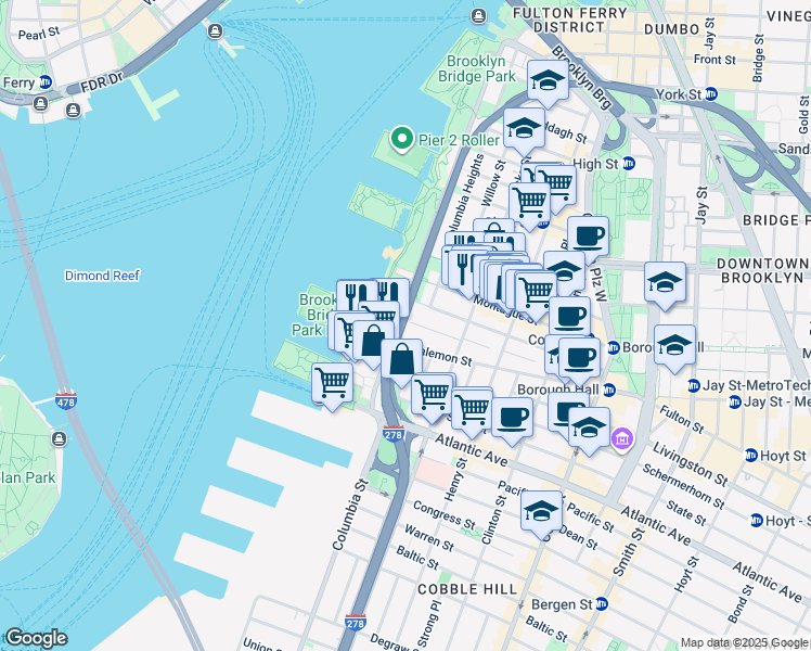 map of restaurants, bars, coffee shops, grocery stores, and more near 2 Grace Court in Brooklyn