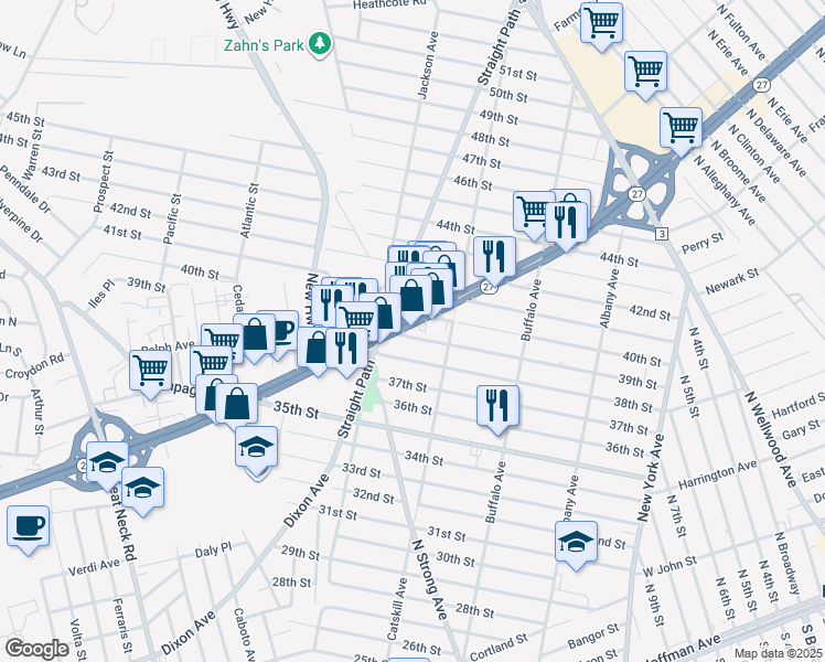 map of restaurants, bars, coffee shops, grocery stores, and more near 146a New York 27 in Lindenhurst