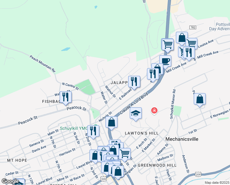 map of restaurants, bars, coffee shops, grocery stores, and more near 348 Front Street in Pottsville