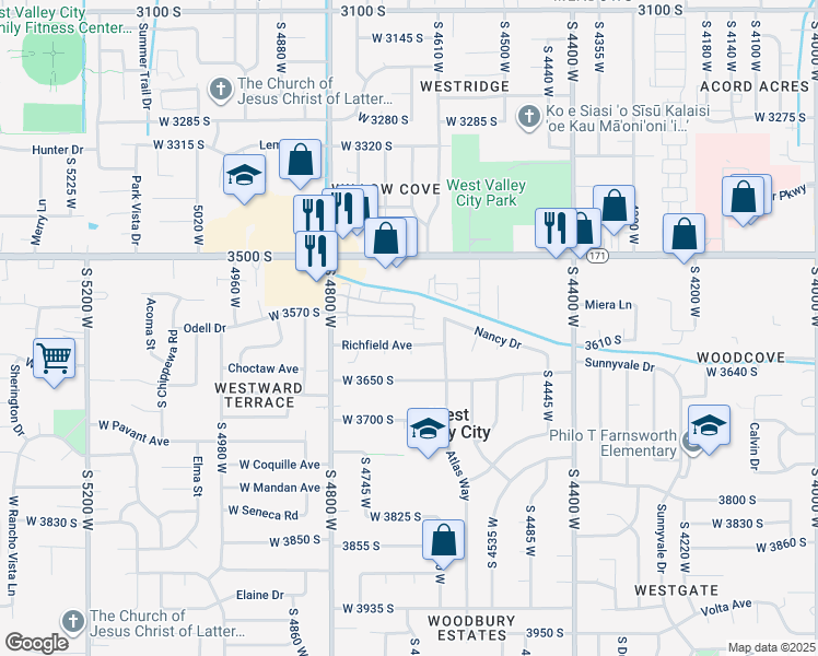 map of restaurants, bars, coffee shops, grocery stores, and more near 4655 Valley Villa Drive in West Valley City