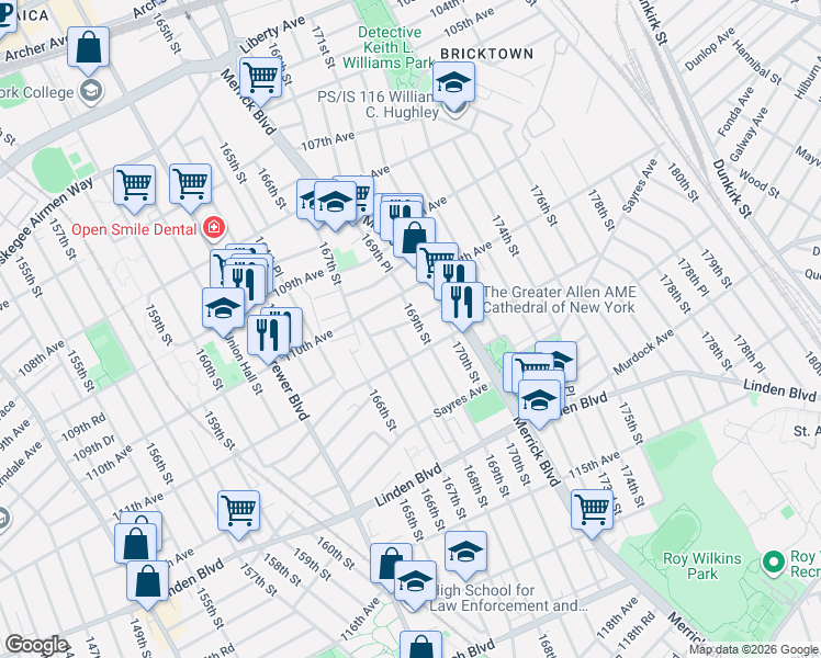 map of restaurants, bars, coffee shops, grocery stores, and more near 110-19 169th Street in Queens