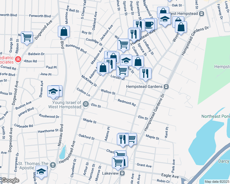 map of restaurants, bars, coffee shops, grocery stores, and more near 482 Locust Terrace in West Hempstead