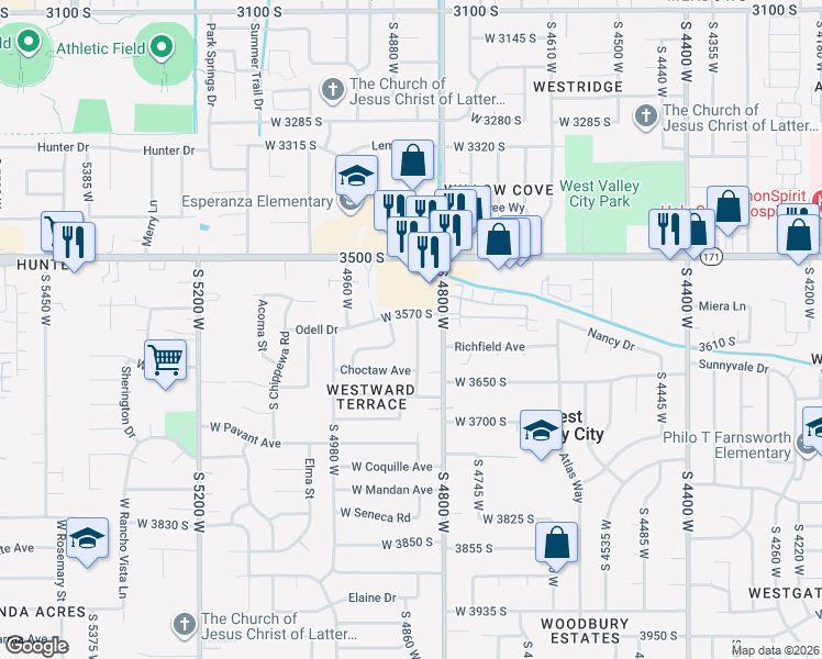 map of restaurants, bars, coffee shops, grocery stores, and more near 3590 South Geitz Street in West Valley City