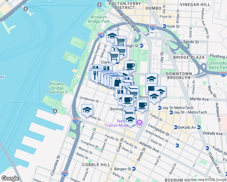 map of restaurants, bars, coffee shops, grocery stores, and more near 130 Montague Street in Brooklyn
