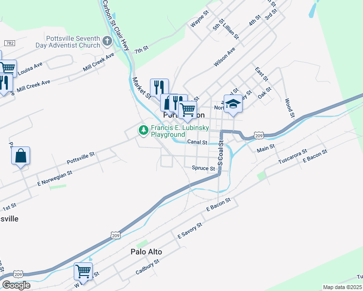 map of restaurants, bars, coffee shops, grocery stores, and more near 77 Rose Avenue in Port Carbon