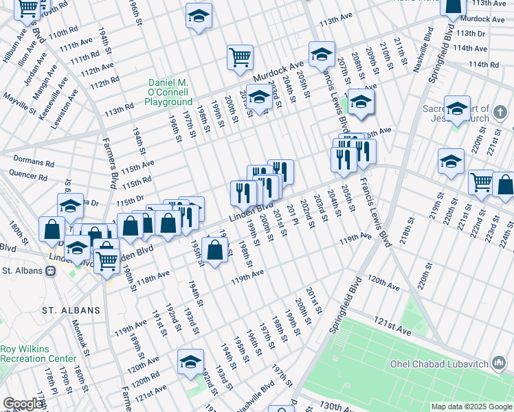 map of restaurants, bars, coffee shops, grocery stores, and more near 116-39 200th Street in Queens