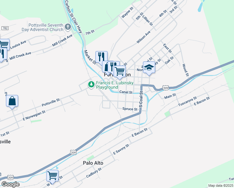map of restaurants, bars, coffee shops, grocery stores, and more near 77 Rose Avenue in Port Carbon