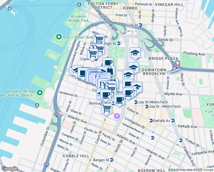 map of restaurants, bars, coffee shops, grocery stores, and more near 135 Pierrepont Street in Brooklyn