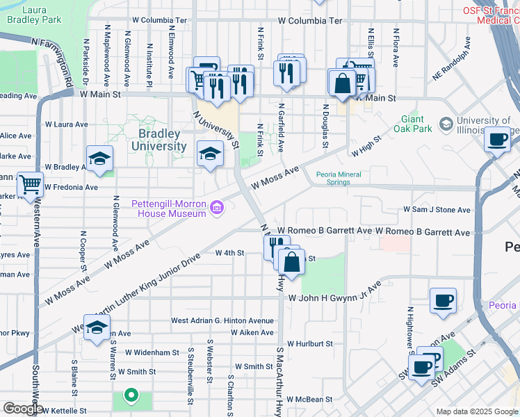 map of restaurants, bars, coffee shops, grocery stores, and more near 1006 West Moss Avenue in Peoria