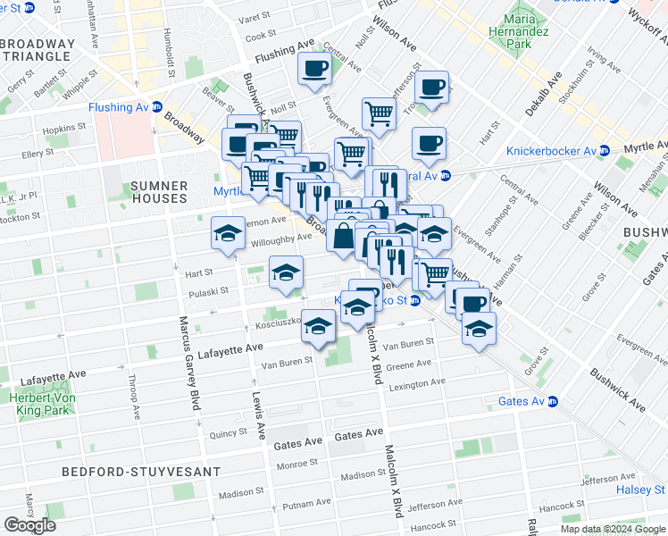 map of restaurants, bars, coffee shops, grocery stores, and more near 443 Pulaski Street in Brooklyn