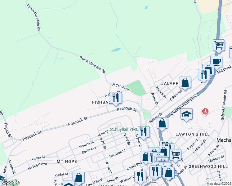map of restaurants, bars, coffee shops, grocery stores, and more near 224 Wallace Street in Pottsville