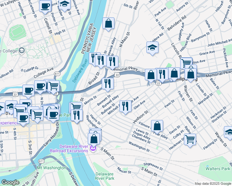 map of restaurants, bars, coffee shops, grocery stores, and more near 211 Morris Street in Phillipsburg