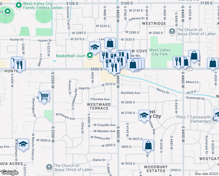 map of restaurants, bars, coffee shops, grocery stores, and more near 3590 South Geitz Street in West Valley City