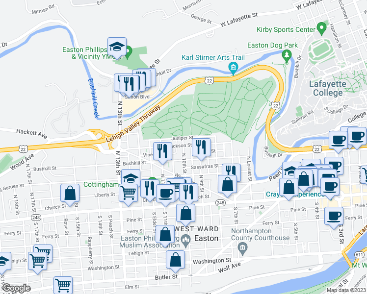 map of restaurants, bars, coffee shops, grocery stores, and more near 341 North 10th Street in Easton