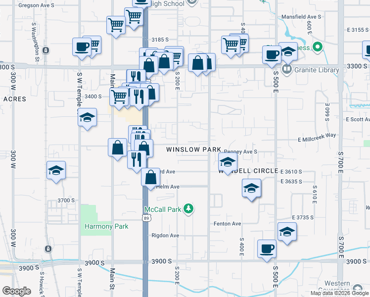 map of restaurants, bars, coffee shops, grocery stores, and more near 223 Winslow Avenue in Salt Lake City