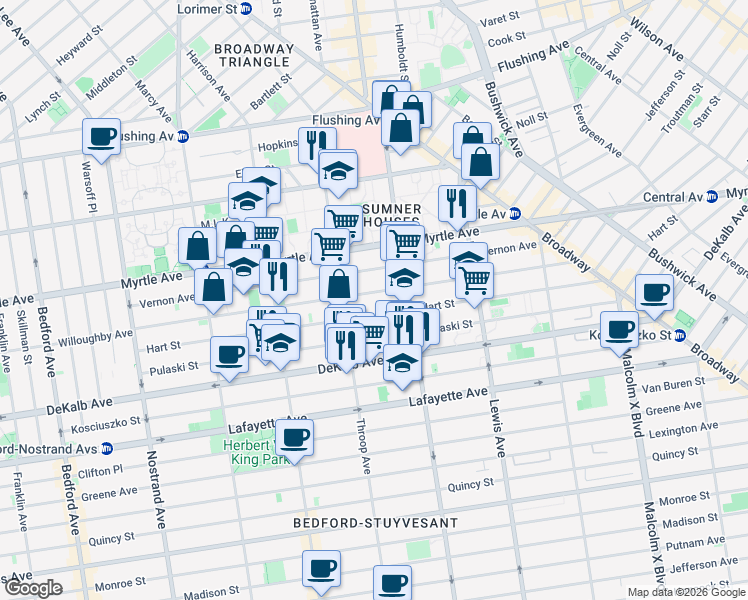map of restaurants, bars, coffee shops, grocery stores, and more near 684A Willoughby Avenue in Brooklyn