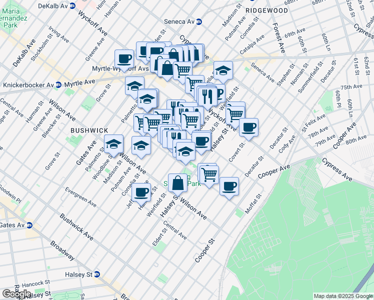 map of restaurants, bars, coffee shops, grocery stores, and more near 1346 Hancock Street in Brooklyn