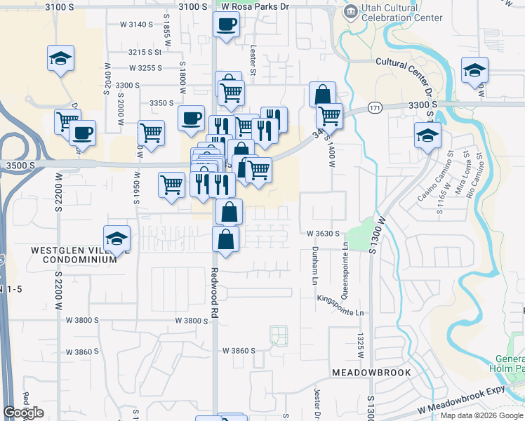 map of restaurants, bars, coffee shops, grocery stores, and more near 3590 South Xenon Drive in West Valley City