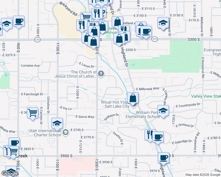 map of restaurants, bars, coffee shops, grocery stores, and more near 1373 East Brookshire Drive in Millcreek
