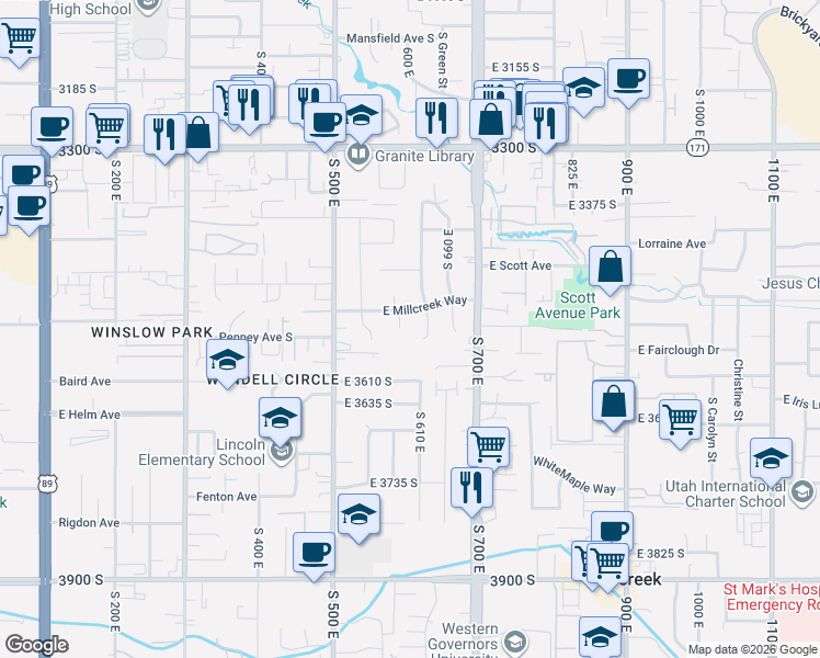 map of restaurants, bars, coffee shops, grocery stores, and more near 576 East Millcreek Way in South Salt Lake