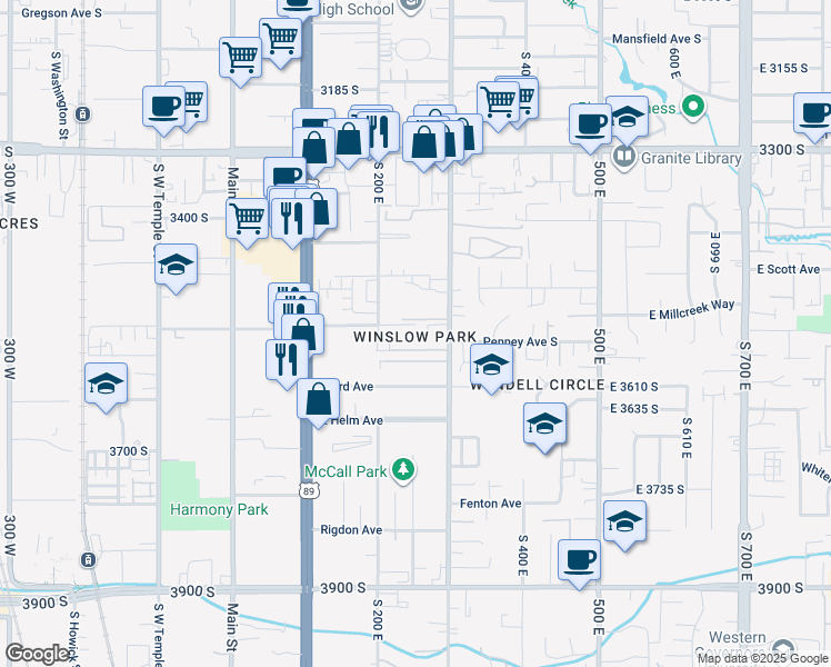 map of restaurants, bars, coffee shops, grocery stores, and more near 268 Millpoint Place in South Salt Lake