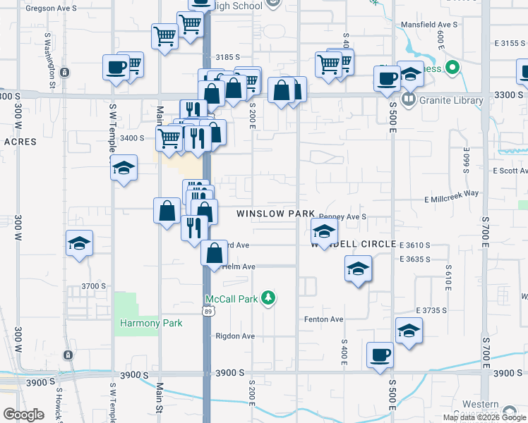 map of restaurants, bars, coffee shops, grocery stores, and more near 223 Winslow Avenue in Salt Lake City