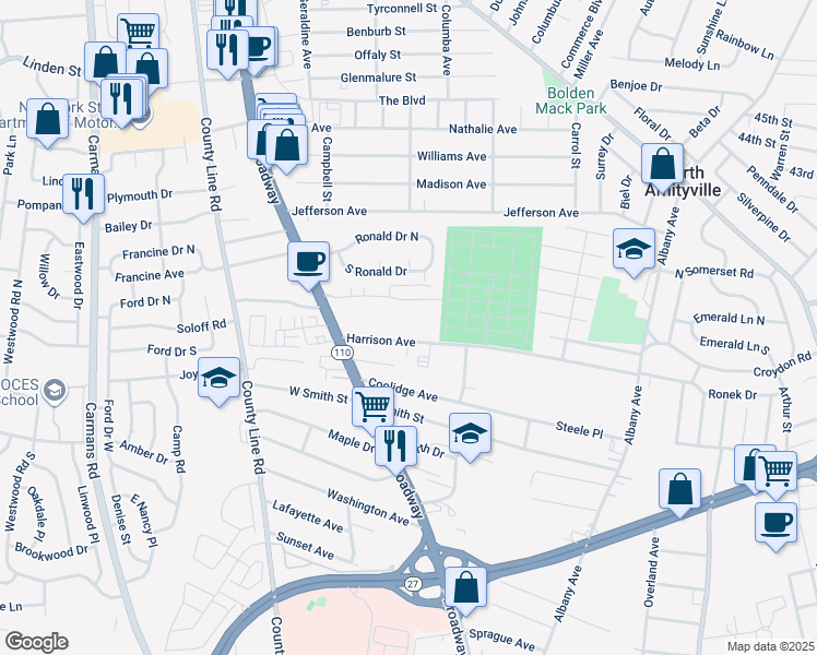 map of restaurants, bars, coffee shops, grocery stores, and more near 43E 43E Lee Place in Amityville