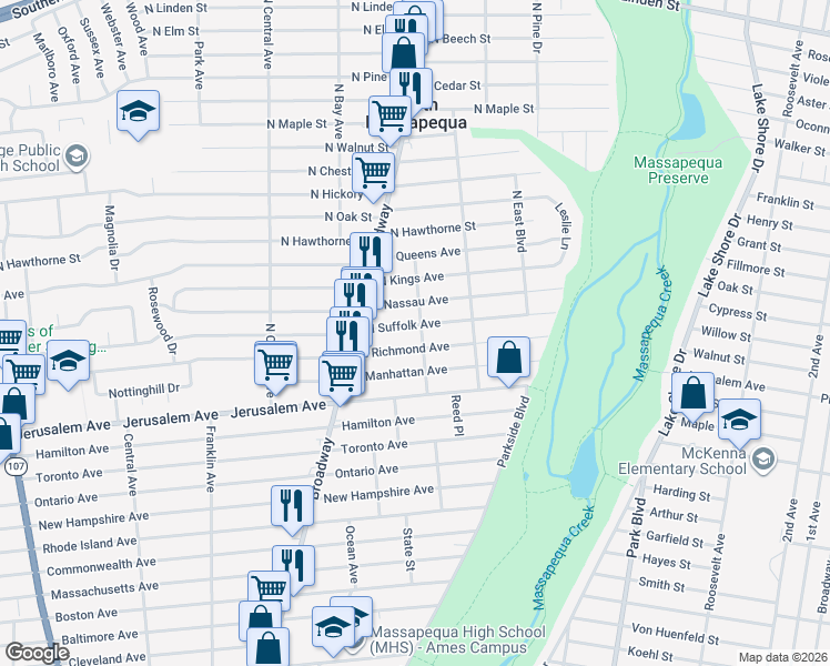 map of restaurants, bars, coffee shops, grocery stores, and more near 183 North Suffolk Avenue in Massapequa