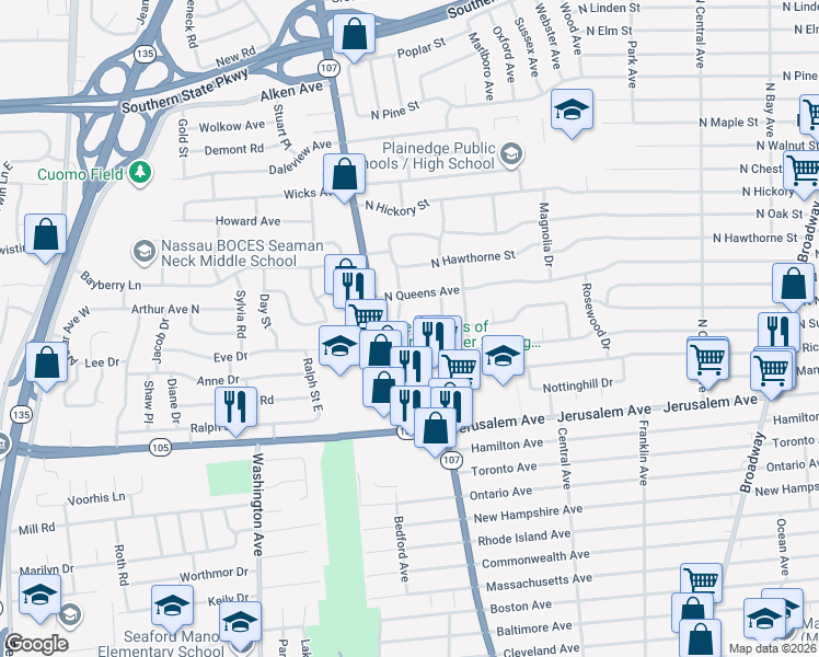 map of restaurants, bars, coffee shops, grocery stores, and more near 4 Frank Court in Massapequa