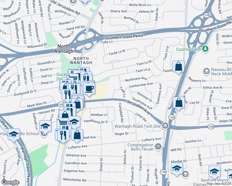 map of restaurants, bars, coffee shops, grocery stores, and more near 3491 Spring Lane in Wantagh