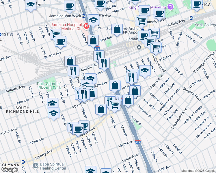 map of restaurants, bars, coffee shops, grocery stores, and more near 134-23 97th Avenue in Queens