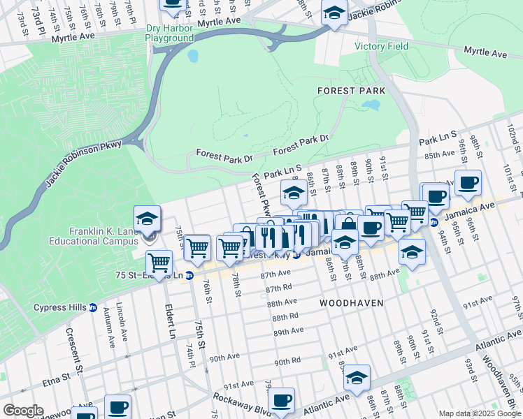 map of restaurants, bars, coffee shops, grocery stores, and more near 85-29 Forest Parkway in Queens