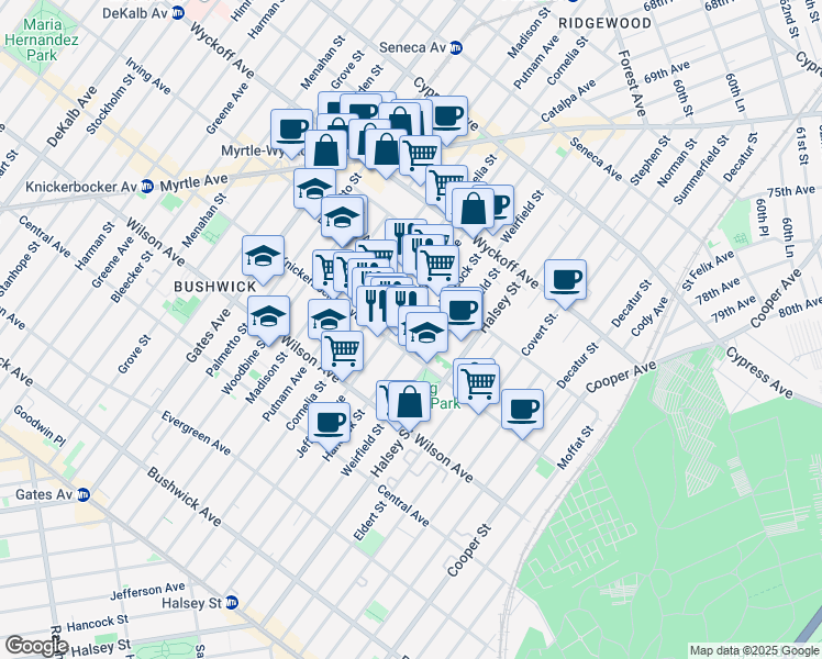 map of restaurants, bars, coffee shops, grocery stores, and more near 1398 Jefferson Avenue in Brooklyn