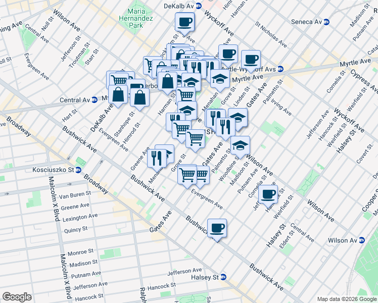 map of restaurants, bars, coffee shops, grocery stores, and more near 344 Central Avenue in Brooklyn