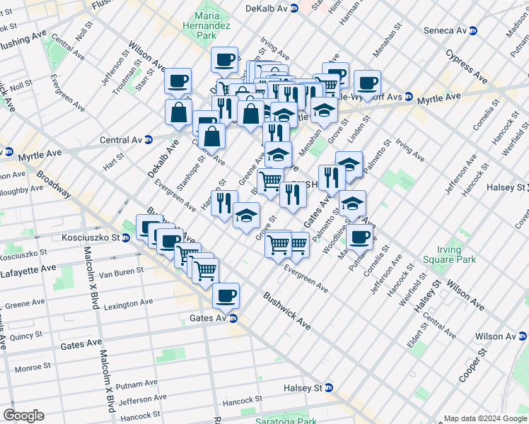map of restaurants, bars, coffee shops, grocery stores, and more near 344 Central Avenue in Brooklyn