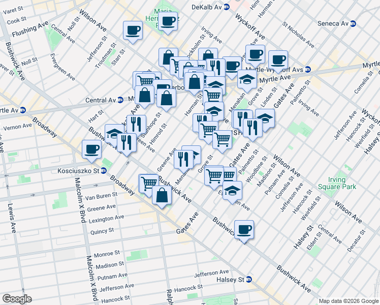 map of restaurants, bars, coffee shops, grocery stores, and more near in Brooklyn