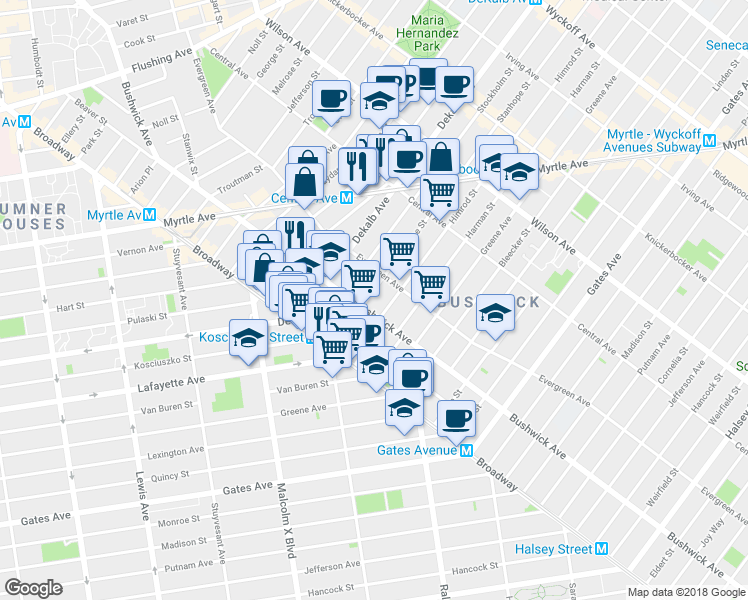 map of restaurants, bars, coffee shops, grocery stores, and more near 28 Stanhope Street in Brooklyn
