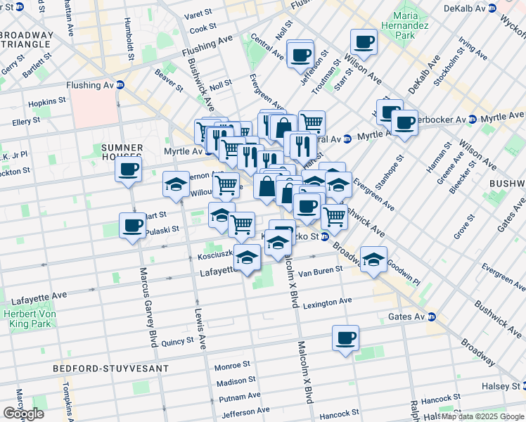 map of restaurants, bars, coffee shops, grocery stores, and more near 1050 Broadway in Brooklyn