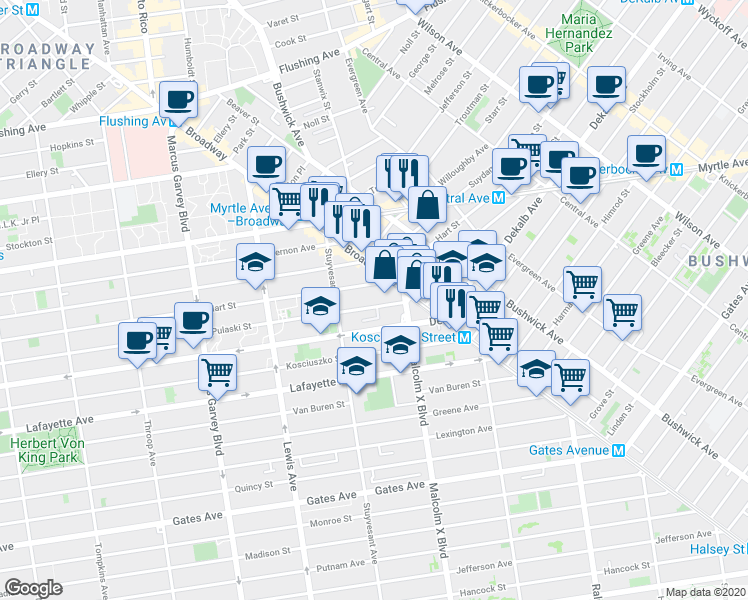 map of restaurants, bars, coffee shops, grocery stores, and more near 1050 Broadway in Brooklyn