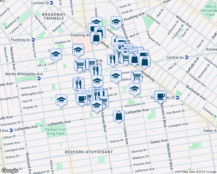 map of restaurants, bars, coffee shops, grocery stores, and more near 734 Willoughby Avenue in Brooklyn