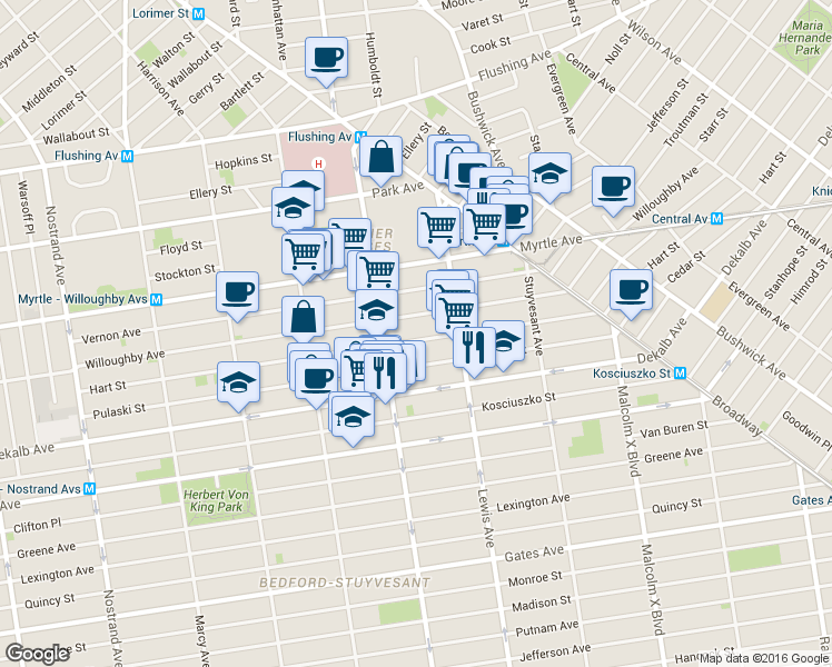map of restaurants, bars, coffee shops, grocery stores, and more near 734 Willoughby Avenue in Brooklyn