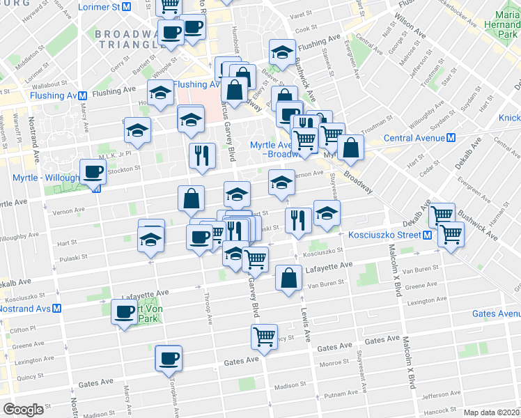 map of restaurants, bars, coffee shops, grocery stores, and more near 734 Willoughby Avenue in Brooklyn